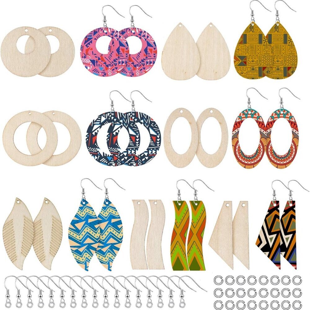 210 Pcs Unfinished Wooden Earrings Blanks Natural Wood Pendants Dangle Boho Wood